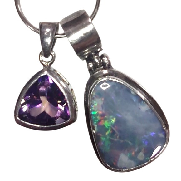 925 Sterling Silver Opal Pendant & Amethyst Triangle Pendant Jewelry Set - Picture 1 of 9